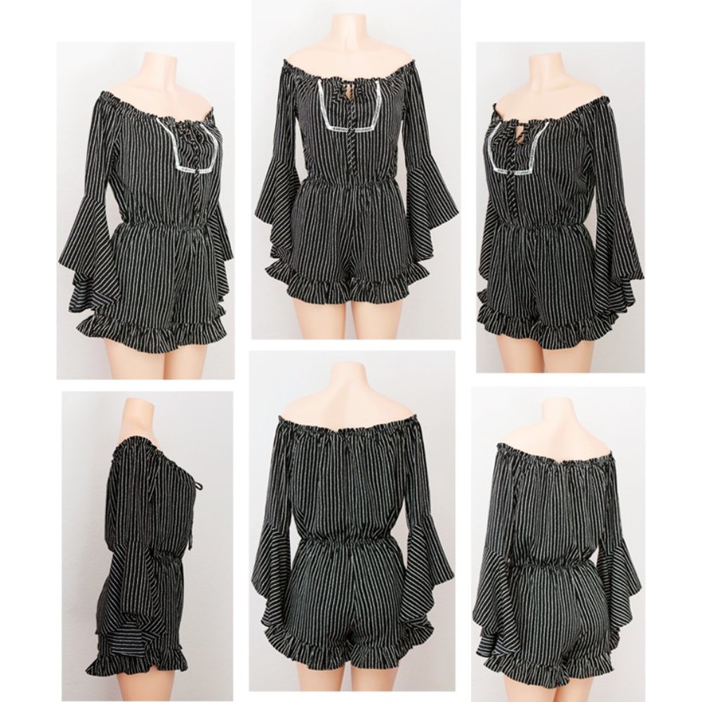 Black Stripe Off Shoulder Bell Sleeves Boho Romper - Picture 8 of 9